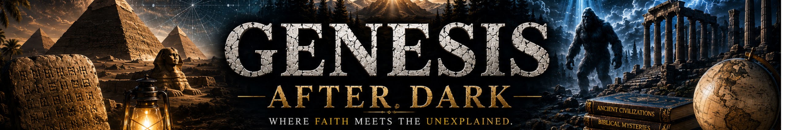 Genesis After Dark — where faith meets the unexplained. Pyramids, ancient tablets, Bigfoot and ruined temples under a night sky.
